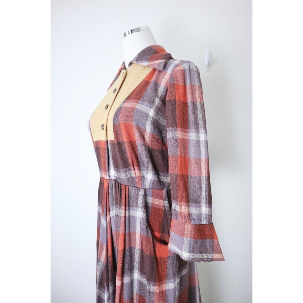 Vintage 1970s Wool Tartan Collared Dress Button Front Plaid Check Brown Orange - Picture 6 of 12